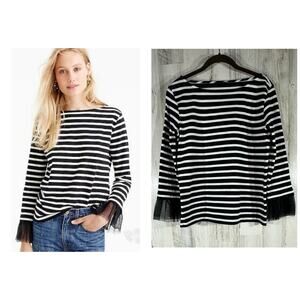 J Crew Blouse Top‎ Size XS (Medium) Black White Stripe Boat Neck Tulle Cuff READ